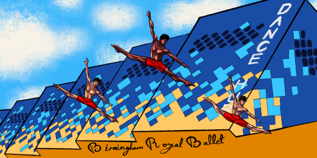 Illustration of three male dancers in splits from Birmingham Royal Ballet.